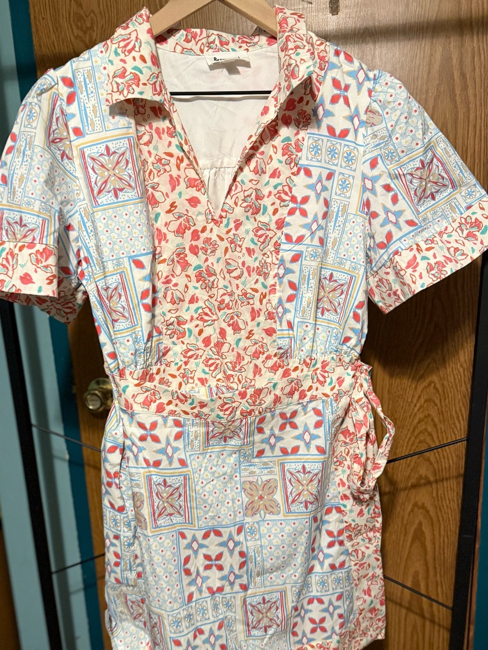 Patchwork Floral Wrap Dress in Coral and Light Blue